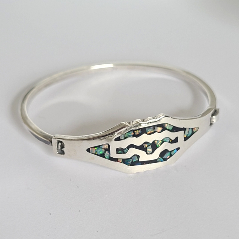 Vintage Boho Sterling Silver Fire Opal Mosaic Western Mexico Bangle Bracelet